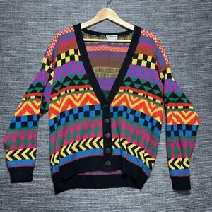 Big City Vintage Sweater Women's L/XL Black Colorful Knit Button Cardigan